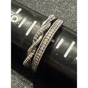 SUN 925 Sterling Silver Double Layered Real Diamonds Ring Size 6.75